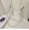 Macro shot of clear PVC material with white zipper and silver metal hook on the handbag - White