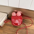 Mini red crossbody bag for girls featuring checkered bow and embroidered cat design - Red