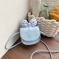 Cute sky blue crossbody bag for girls featuring a plaid bow and cat embroidery detail - Blue