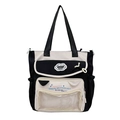 Black and white nylon tote bag with transparent front pocket and cloud-shaped patch - Black