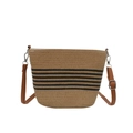 Sac seau en paille tissée avec rayures noires et bandoulière en cuir pour les vacances - Kaki & Noir Rayé