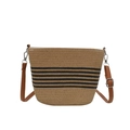 Sac seau tissé avec rayures noires et bandoulière en cuir marron réglable - Kaki & Noir Rayé