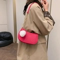Magenta quilted half-moon shoulder bag with gold chain strap and white pom-pom - With Fur Pom-pom / Rose Red