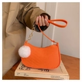 Bright orange quilted felt underarm bag with decorative gold chain and white fur pom pom - With Fur Pom-pom / Orange