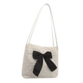Cremefarbene Shopper Tasche mit Sternprägung und großer schwarzer Satinschleife - Weiß