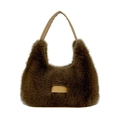 Bolso de mano de felpa marrón con etiqueta de cuero y asas elegantes para mujer - Marrón