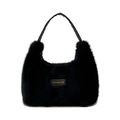Bolso de media luna de felpa negra con asa de cuero y etiqueta love every day - Negro