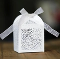 Elegant white laser-cut wedding favor box with dome top and white organza ribbon bow - White
