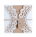 Laser cut lace wedding invitation with kraft paper inner card and rustic twine string - White