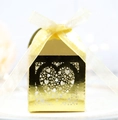 Golden laser-cut heart wedding favor box with a delicate metallic finish and ribbon bow - Reflective Gold