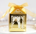 Golden laser-cut wedding favor candy box with romantic bride and groom silhouette - Reflective Gold