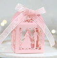 Pink laser-cut wedding candy box with bride and groom silhouette and ribbon - Pink