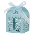 Elegante caja de dulces azul claro cortada con láser con diseño de cruz y cinta decorativa - Azul Turquesa