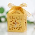Golden laser cut gift box with cross pattern and elegant ribbon bow for weddings - Gold