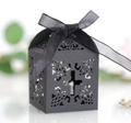 Black hollow-out laser cut favor box with cross pattern and elegant silk ribbon - Black Khaki