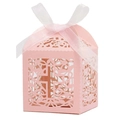 Scatola di caramelle rosa tagliata al laser con croce cava e nastro di organza - Rosa