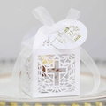 Elegant white laser-cut wedding candy box with cross pattern, ribbon, and thank you tag - White