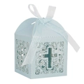 Light blue laser-cut wedding favor box with cross design and white ribbon detail - Pearl Pale Blue