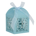 Elegant light blue laser-cut cross candy box with a matching silk ribbon for weddings - Tiffany Blue