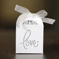 Elegant white laser-cut Love wedding favor box with a delicate white organza ribbon bow - White