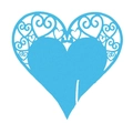 Blue laser-cut heart place card with intricate lace scrollwork for wedding table decoration - Sky Blue