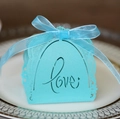 Light blue laser-cut LOVE candy box with delicate lace edge and matching ribbon bow - Turquoise Blue