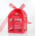 Elegant red laser-cut favor box with Love script and ribbon for wedding and gifts - Pearlescent Red