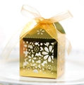 Elegant gold laser-cut candy gift box with floral patterns and a matching satin ribbon - Reflective Gold