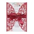 Elegant red laser-cut wedding invitation with glitter finish and burgundy satin bow detail - Glitter Red