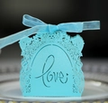 Light blue laser-cut wedding candy box with Love lettering and silk ribbon bow - Turquoise Blue