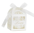 Elegant white laser-cut LOVE candy box with pearlescent finish and white satin ribbon bow - Ivory