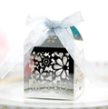 Elegant hollow silver laser-cut wedding favor box with a light blue ribbon bow - Reflective Silver