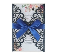 Navy blue glitter laser cut wedding invitation with floral insert and satin bow - Glitter Dark Blue