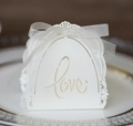 Pearly white laser-cut Love gift box with chiffon ribbon and elegant lace trim - Ivory
