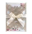 Golden glitter snowflake laser cut invitation with white ribbon bow and floral card insert - Glitter Rose Gold