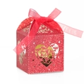 Laser cut red glitter LOVE heart wedding favor box with a silk ribbon bow and hollow design - Red