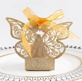 Laser-cut butterfly wedding favor box with gold glitter finish and orange organza ribbon - Glitter Rose Gold