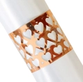 Elegant rose gold hollow heart paper napkin ring on a white satin cloth for weddings - Reflective Rose Gold