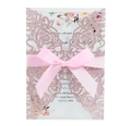 Pink laser-cut glitter wedding invitation with rose hollow pattern and silk ribbon bow - Pink