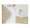 Champagne gold glitter laser-cut wedding invitation set with floral inner cards - Rose Gold