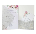 Elegant laser cut silver glitter wedding invitation with floral insert and RSVP card - Silver