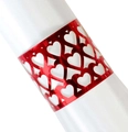 Laser-cut red metallic heart napkin ring wrap on white satin for wedding table - Reflective Bright Red