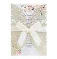 Champagne gouden glitter lasergesneden huwelijksuitnodiging met lint en bloemen - Cyaan Goud