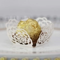 White laser-cut rose hollow paper wrapper for wedding chocolate and truffle display - Ivory