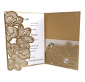 Laser cut floral wedding invitation set with rustic brown lace outer cover and white insert - Beige Gold