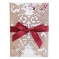 Invito matrimonio glitter oro champagne tagliato al laser con fiocco bordeaux e inserto interno - Oro Mela