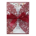 Elegant burgundy laser-cut wedding invitation featuring rose patterns and a silk ribbon bow - Dark Red
