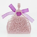 Boîte de bonbons de mariage rose pailleté en forme de robe avec dentelle découpée - Rose Pailleté avec Ruban Violet Foncé