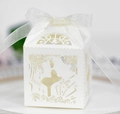 Elegante caja de dulces de boda color marfil cortada con láser con silueta y cinta blanca - Marfil