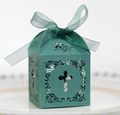 Boîte à bonbons croix découpée au laser bleu sarcelle avec ruban pour mariage - Vert Foncé